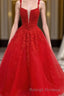 Red Tulle Lace A Line Formal Evening Dresses Appliques Long Prom Dresses
