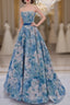 Unique A-Line Flower Satin Blue Long Prom Dress, Blue Long Formal Dress