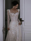 Unique A-Line Square Neckline Sequin Pleats Long Sleeves Wedding Dress