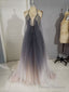 Unique A line V Neck Tulle Long Prom Dress, Tulle Prom Dress