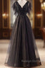 Unique And Beautiful Black Beaded Short Sleeved Sequin Ball Dresses With Black A-Shaped Princess V-Neck Backless Chiffon And Floor Length Prom Dresses