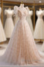 Unique And Beautiful Champagne Sequin Square Neck Fluffy Short Sleeved Ball Dresses Champagne A-Shaped Princess Backless Strap And Floor Length Prom Dresses
