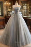 Unique And Beautiful Gray Sticker Sleeveless Off The Shoulder Ball Dress, Gray A-Line Princess Sheer Thin Shoulder Strap, Backless Tie Bow And Ground Length Prom Dress