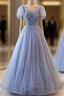 Unique And Beautiful Sky Blue Low Round Neck Short Sleeved Beaded Sequin Ball Dresses With Sky Blue A-line Backless Strap And Ground Length Prom Dresses