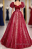 Unique And Beautiful Wine Red Sequin Square Neckline Short Sleeved Ball Dresses Wine Red A-Shaped/Princess Fluffy Backless Tie Bow And Floor Length Prom Dresses