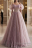Unique And Elegant Dark Pink Sequin Off The Shoulder Short Sleeved Ball Dresses Dark Pink A-Line Princess Glitter Beaded Backless And Ground Length Prom Dresses