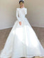 Unique Ball Gowns Scoop Neckline Long Sleeves White Satin Wedding Dress