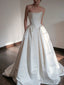 Unique Ball Gown Strapless Neckline Long White Satin Wedding Dresses