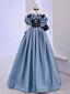 Unique Blue Satin Lace Long Prom Dress,Off Shoulder Prom Dresses
