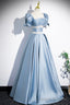 Unique Blue Satin Long Prom Dress, A Line Short Sleeve Blue Prom Dress