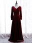 Unique Burgundy Velvet Long Sleeve V-neck Pleats Prom Dress