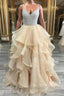 Unique champagne tulle sequin long prom Dresses champagne Prom Dresses