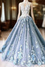 Unique High Neck Tulle Lace Prom Dresses Long Blue Tulle Lace Prom Dresses