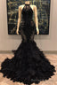 Unique Lace Appliques Halter Feather Prom Dresses Sleeveless Alluring Fit and Flare Prom Gown