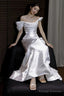Unique Mermaid Off The Shoulder Pleats Satin Short Sleeves Wedding Dresses Brides Dress