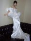 Unique Mermaid Strapless Lace Pleats White Satin Ruffles Wedding Dress