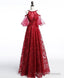 Unique Off Shoulder Tulle Lace Burgundy Long Prom Dress, Prom Dress