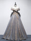 Unique Off Shoulder Tulle Long Gray Prom Dress, A line Tulle Lace Prom Dress