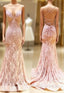 Unique Pink Long Mermaid Open Back Lace Dress, Senior Prom Dress