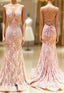 Unique Pink Long Mermaid Open Back Lace Dress, Senior Prom Dress