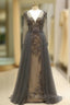 Unique Prom Dress Long Sleeves Tulle V-Neck Neckline Floor-Length A-Line,Evening Dress, Formal Dress