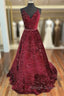 Unique Prom Dresses, A-line V Neck Spaghetti Straps Long/Floor-Length Velvet Sequins Prom Dress With Beading
