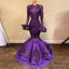 Unique Purple Long Sleeves Sequins Lace Mermaid Prom Dresses, Shinning Formal Evening Party Dress