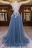 Unique Round Neck Applique Tulle Long Prom Dress, Tulle Prom Dress