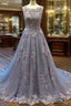 Unique Round Neck Lace Tulle Long Prom Dress, Lace Evening Dress