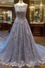 Unique Round Neck Lace Tulle Long Prom Dress, Lace Prom Dress