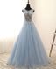 Unique Round Neck Tulle Lace Long Prom Dress, Long Prom Dress