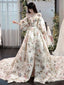 Unique Sweetheart Neck Puff Sleeves Prom Dresses Long Printing Prom Dresses