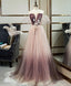 Unique Tulle Round Neck Lace Long Prom Dress Tulle Prom Dress