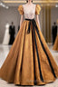 Unique V-Neck Beaded Floor Length Prom Dresses Beautiful A-Line Short Sleeve Prom Dresses