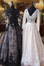 Unique V Neck Lace Tulle Prom Dresses Long Lace Prom Dresses