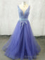 Unique V Neck Tulle Lace Applique Long Prom Dress, Tulle Prom Dress