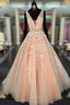 Unique V Neck Tulle Lace Long Prom Dress For Teens, Formal Dress