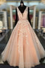 Unique V Neck Tulle Lace Prom Dresses Long For Teens Prom Dresses