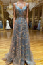 Unique v neck tulle sequin long prom dress, sequin long evening dress