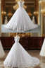 Unique White Lace V Neck Puffy Sweep Train Wedding Dresses Lace Prom Dresses