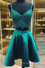 V Neck 2 Pieces Short Green Lace Prom Dress Two Pieces Short Green Prom Homecoming Dress
