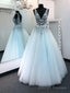 V Neck 3D Floral Blue Lace Beaded Long Prom Dresses, Blue Lace Floral Formal Prom Dresses