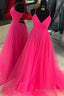 V Neck A Line Hot Pink Long Tulle Prom Graduation Dress with Lace-up Back
