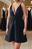 V Neck and V Back Black Satin Short Prom Homecoming Dresses V Neck Black Prom Graduation Prom Dresses Black Cocktail Dresses