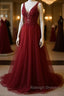 V Neck and V Back Burgundy Lace Long Prom Dresses, Open Back Burgundy Formal Dresses, Burgundy Lace Evening Dresses