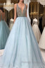 V Neck And V Back Sequin Tulle Long Blue Prom Dress Blue Prom Dress