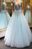 V Neck Appliques Blue Lace Long Prom Dresses Floral Blue Lace Prom Dresses Lace Blue Prom Dresses Ball Gown