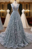 V-Neck Appliques Lace Wedding Dresses With Chapel Train