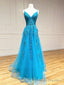 V Neck Backless Blue Lace Long Prom Dresses, Open Back Blue Lace Long Formal Prom Dresses