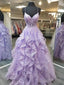 V Neck Backless Fluffy Lilac Lace Long Prom Dress Purple Lace Prom Dress Lilac Ball Gowns